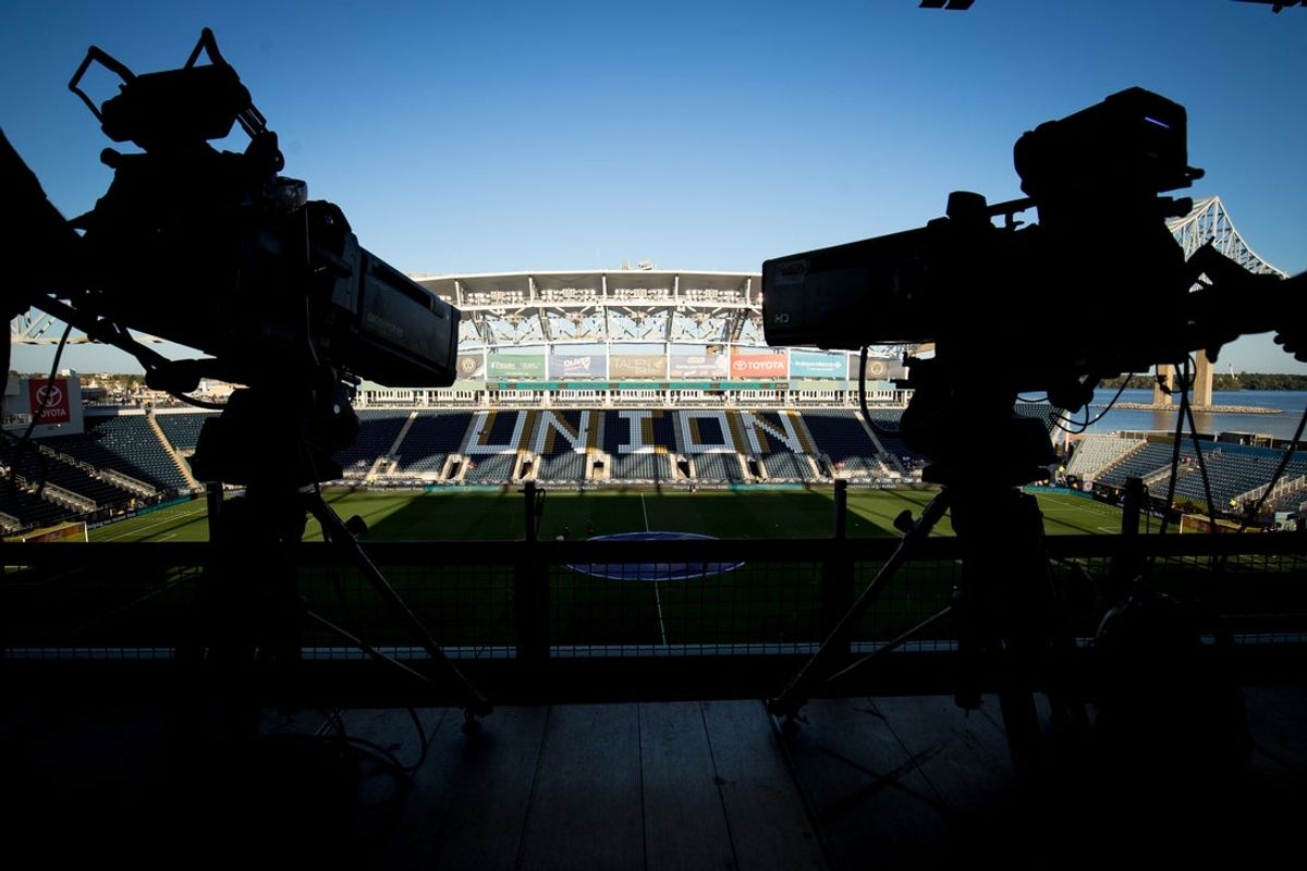 Sep 23, 2017; Philadelphia, PA, USA; Silhouette of television cameras pointed at the field before a game between the Philadelphia Union and Chicago Fire at Talen Energy Stadium. Mandatory Credit: Bill Streicher-Imagn Images