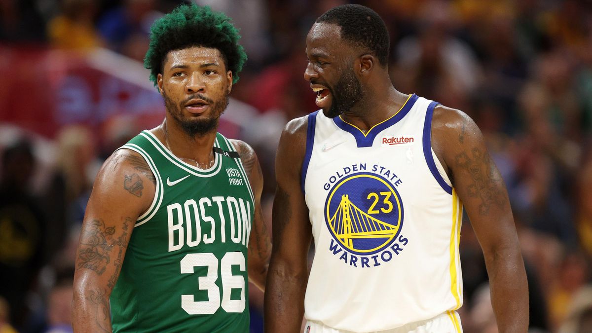 Draymond Green talks to the Celtics’ Marcus Smart during the third quarter in Game Two of the 2022 NBA Finals at Chase Center on June 05, 2022 in San Francisco, California.