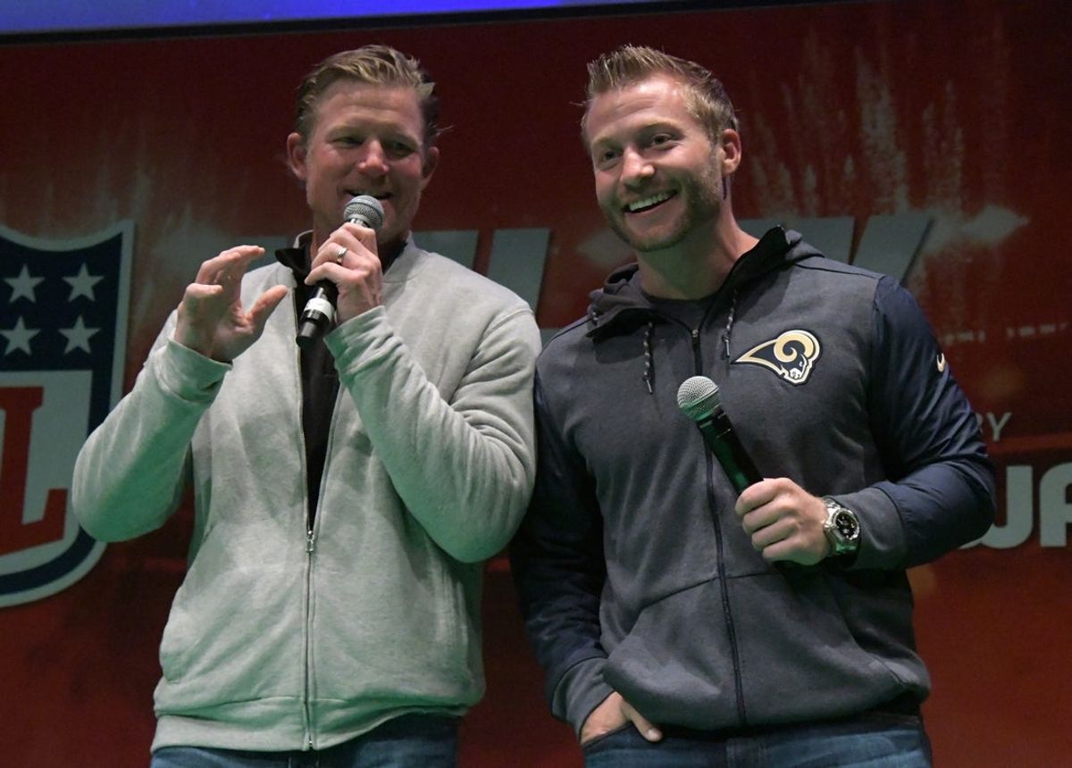Oct 21, 2017; London, United Kingdom; Los Angeles Rams general manager Les Snead (left) and coach Sean McVay on stage during NFL UK Live at The Mermaid London. Mandatory Credit: Kirby Lee-Imagn Images
