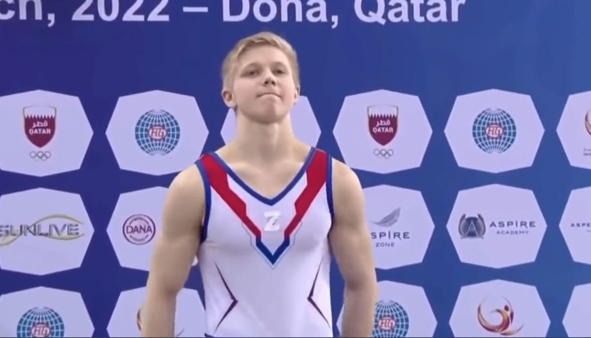 Russian Ivan Kuliak put a “Z” on his leotard in support of the invasion of Ukraine.