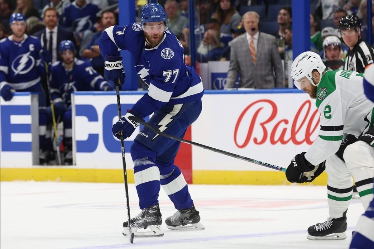 Dec 4, 2023; Tampa, Florida, USA;Tampa Bay Lightning defenseman Victor Hedman (77) passes the puck against the Dallas Stars during the first period at Amalie Arena.