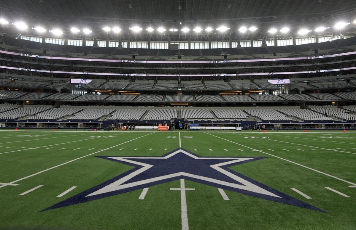 Nov 30, 2017; Arlington, TX, USA; General overall view of the Dallas Cowboys logo at midfield during an NFL football game between the Washington Redskins and the Cowboys at AT&T Stadium. Mandatory Credit: Kirby Lee-Imagn Images