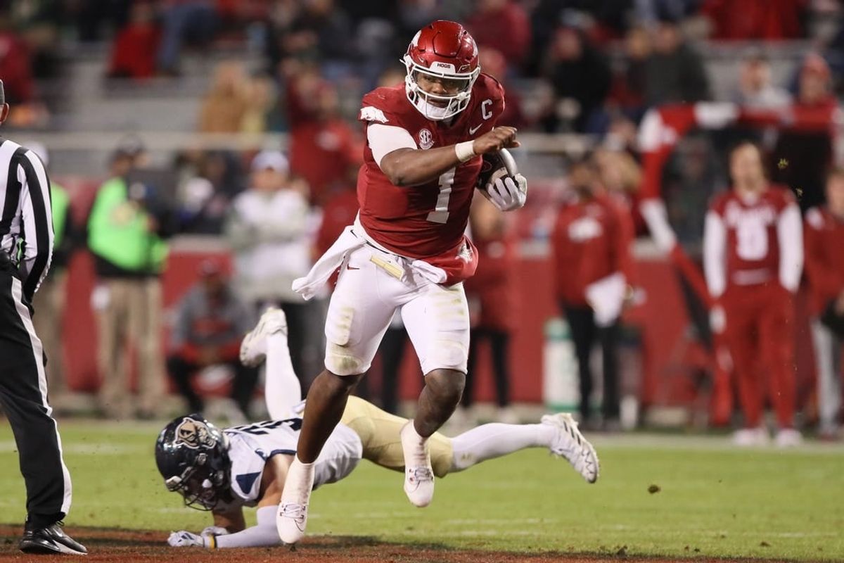 Nov 18, 2023; Fayetteville, Arkansas, USA; Arkansas Razorbacks quarterback KJ Jefferson (1) rushes in the third quarter against the FIU Panthers at Donald W. Reynolds Razorback Stadium. Arkansas won 44-20.