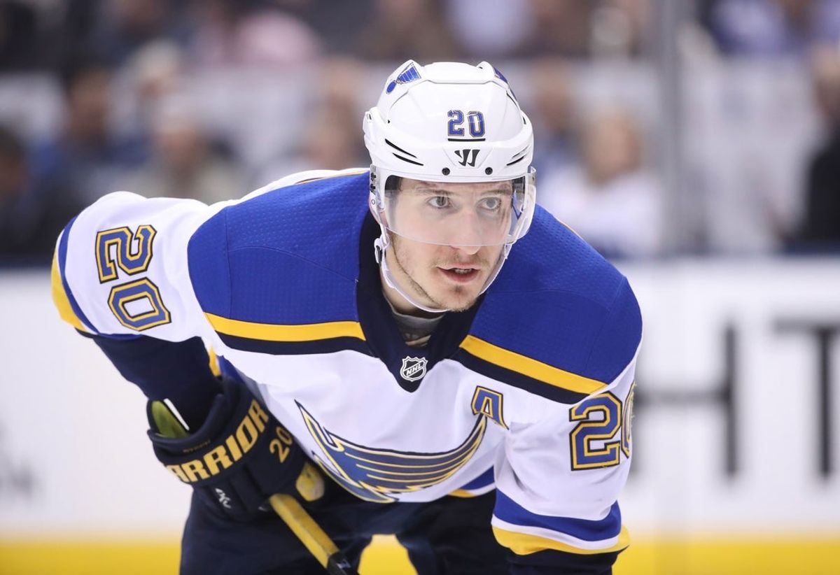 Jan 16, 2018; Toronto, Ontario, CAN; St. Louis Blues left wing Alexander Steen (20) lines up prior to a face-off against the Toronto Maple Leafs at Air Canada Centre. The Blues beat the Maple Leafs 2-1 in overtime. Mandatory Credit: Tom Szczerbowski-Imagn Images