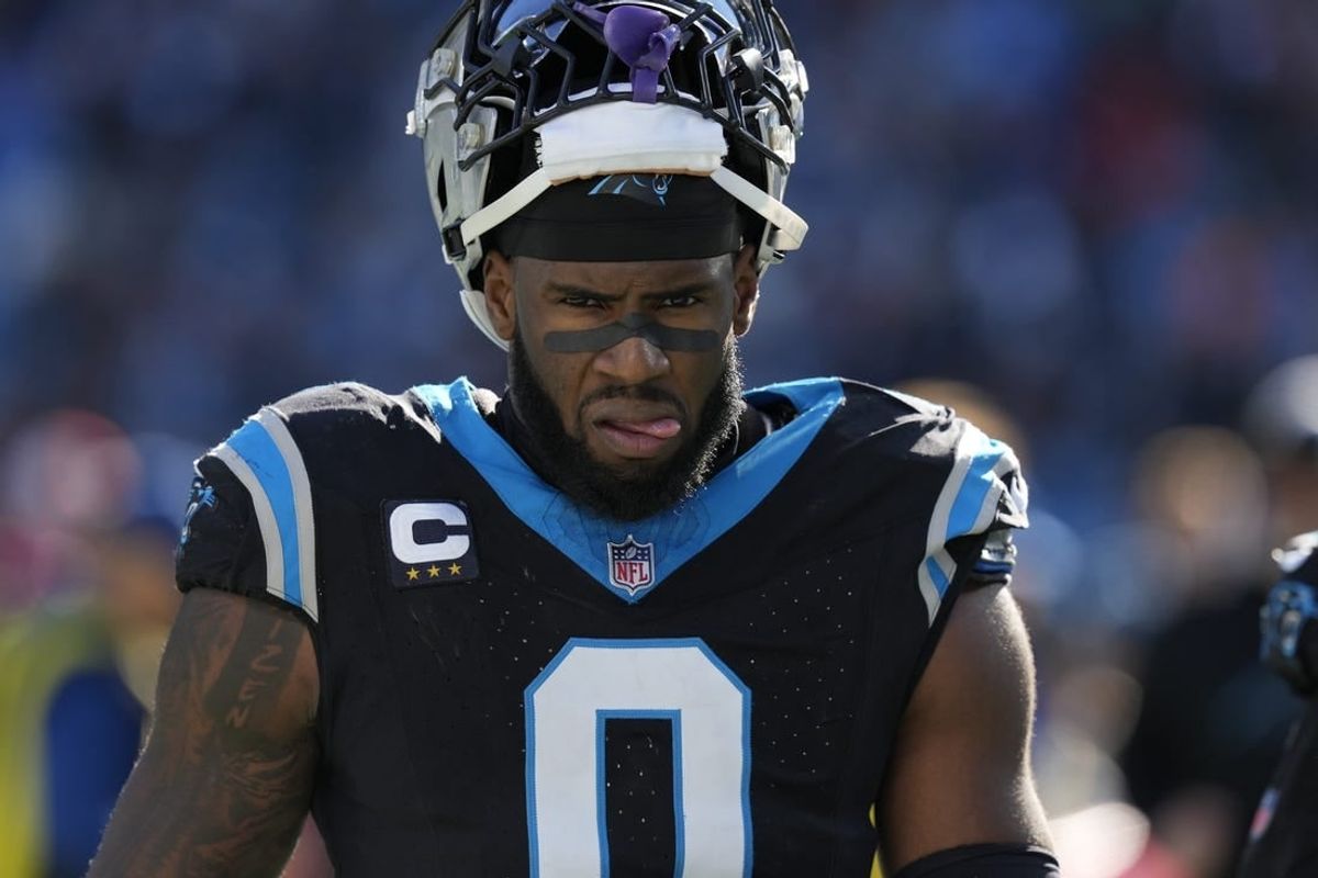 Jan 7, 2024; Charlotte, North Carolina, USA; Carolina Panthers linebacker Brian Burns (0) during the second quarter against the Tampa Bay Buccaneers at Bank of America Stadium.