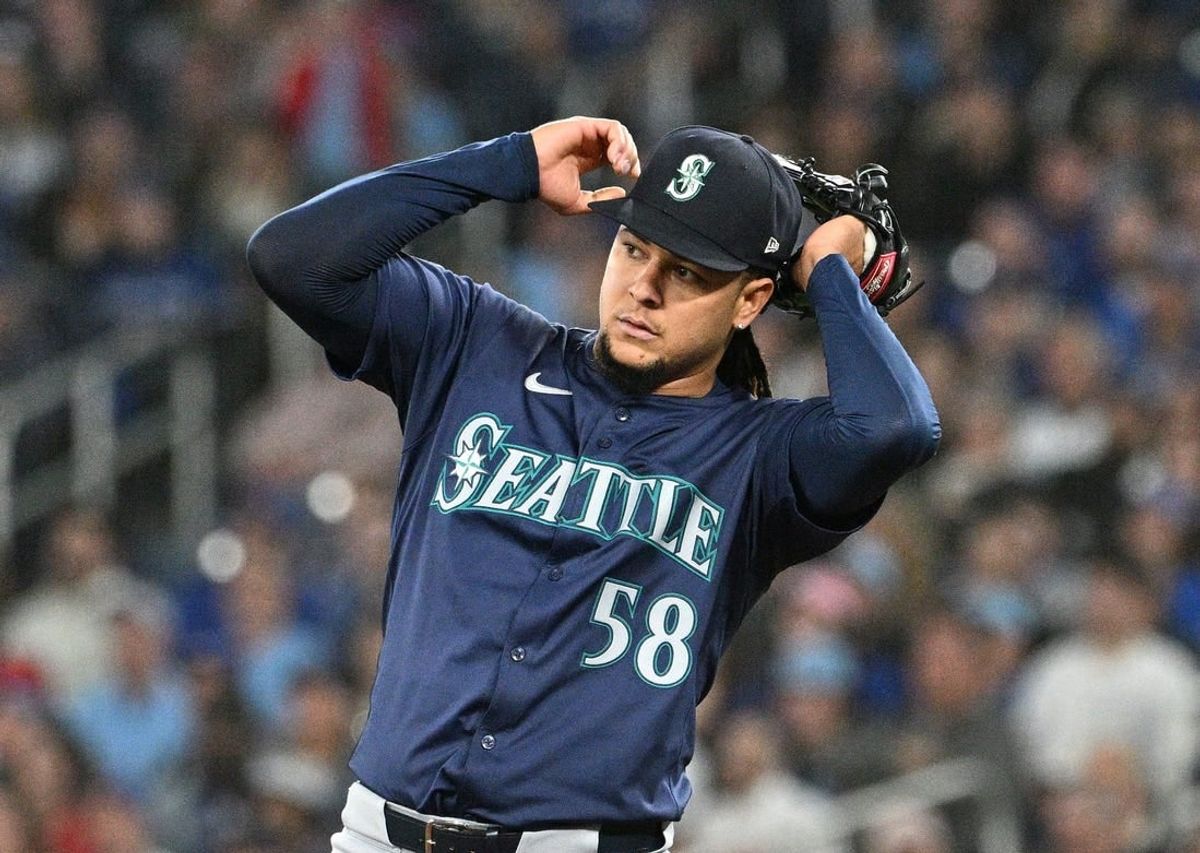Apr 8, 2024; Toronto, Ontario, CAN;  Seattle Mariners pitcher Luis Castillo (58) reacts after Toronto Blue Jays designated hitter Justin Turner (not shown) hits a double in the second inning at Rogers Centre.