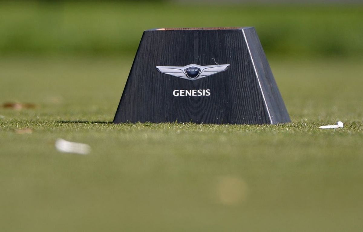 Feb 15, 2018; Pacific Palisades, CA, USA; A detailed view of a tee box with the Genesis logo during the first round of the Genesis Open golf tournament at Riviera Country Club. Mandatory Credit: Orlando Ramirez-Imagn Images