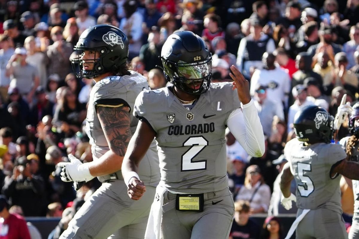 Nov 11, 2023; Boulder, Colorado, USA; Colorado Buffaloes quarterback Shedeur Sanders (2) celebrates after a touchdown against the Arizona Wildcats in the second quarter at Folsom Field.
