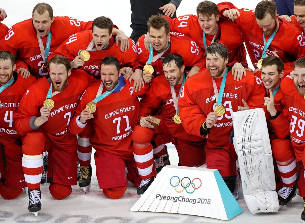 Feb 24, 2018; Gangneung, South Korea; Olympic Athletes from Russia celebrates winning gold against against Germany in the men's ice hockey gold medal match during the Pyeongchang 2018 Olympic Winter Games at Gangneung Hockey Centre. Mandatory Credit: Geoff Burke-Imagn Images