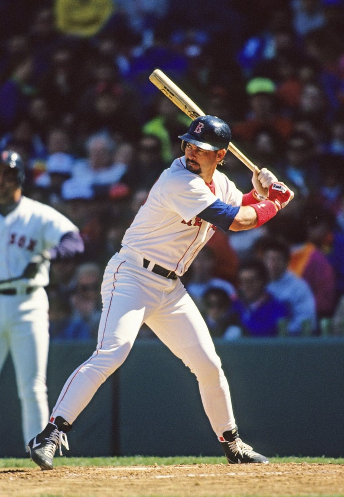 Apr 15, 1991; Boston, MA, USA; FILE PHOTO; Boston Red Sox left fielder Mike Greenwell at bat against the Cleveland Indians at Fenway Park. Mandatory Credit: RVR Photos-USA TODAY NETWORK