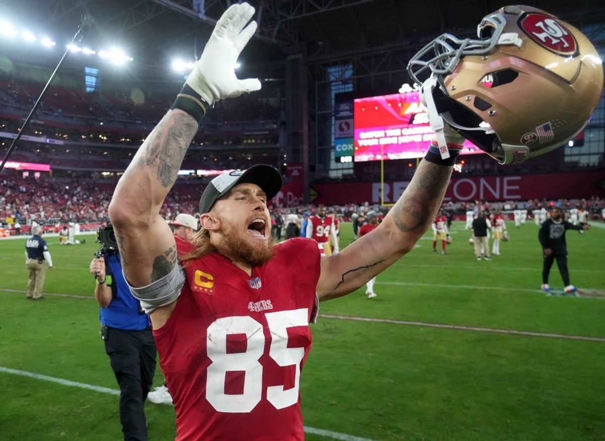 Dec 17, 2023; Glendale, Arizona, USA; San Francisco 49ers tight end George Kittle (85) celebrates after the game against the Arizona Cardinals at State Farm Stadium.
