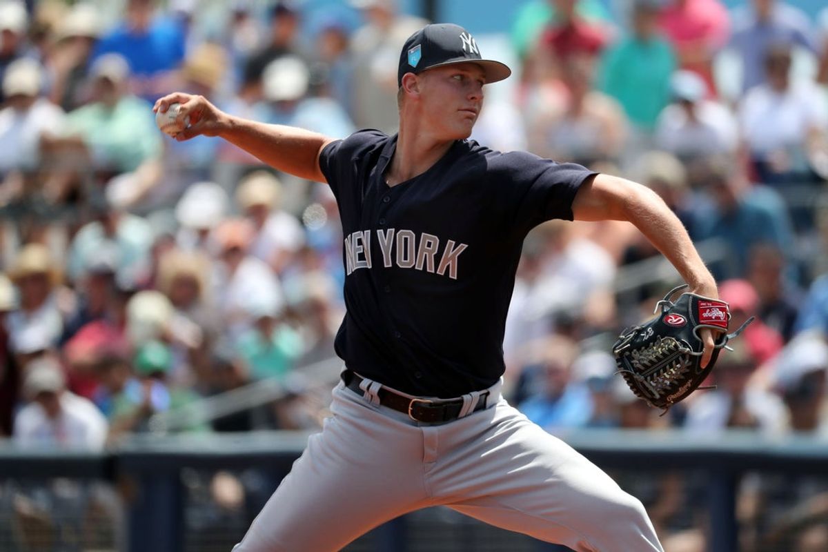 Mar 25, 2018; Port Charlotte, FL, USA;New York Yankees starting pitcher Brian Keller (96) throws a pitch during the first inning against the Tampa Bay Rays at Charlotte Sports Park. Mandatory Credit: Kim Klement-Imagn Images