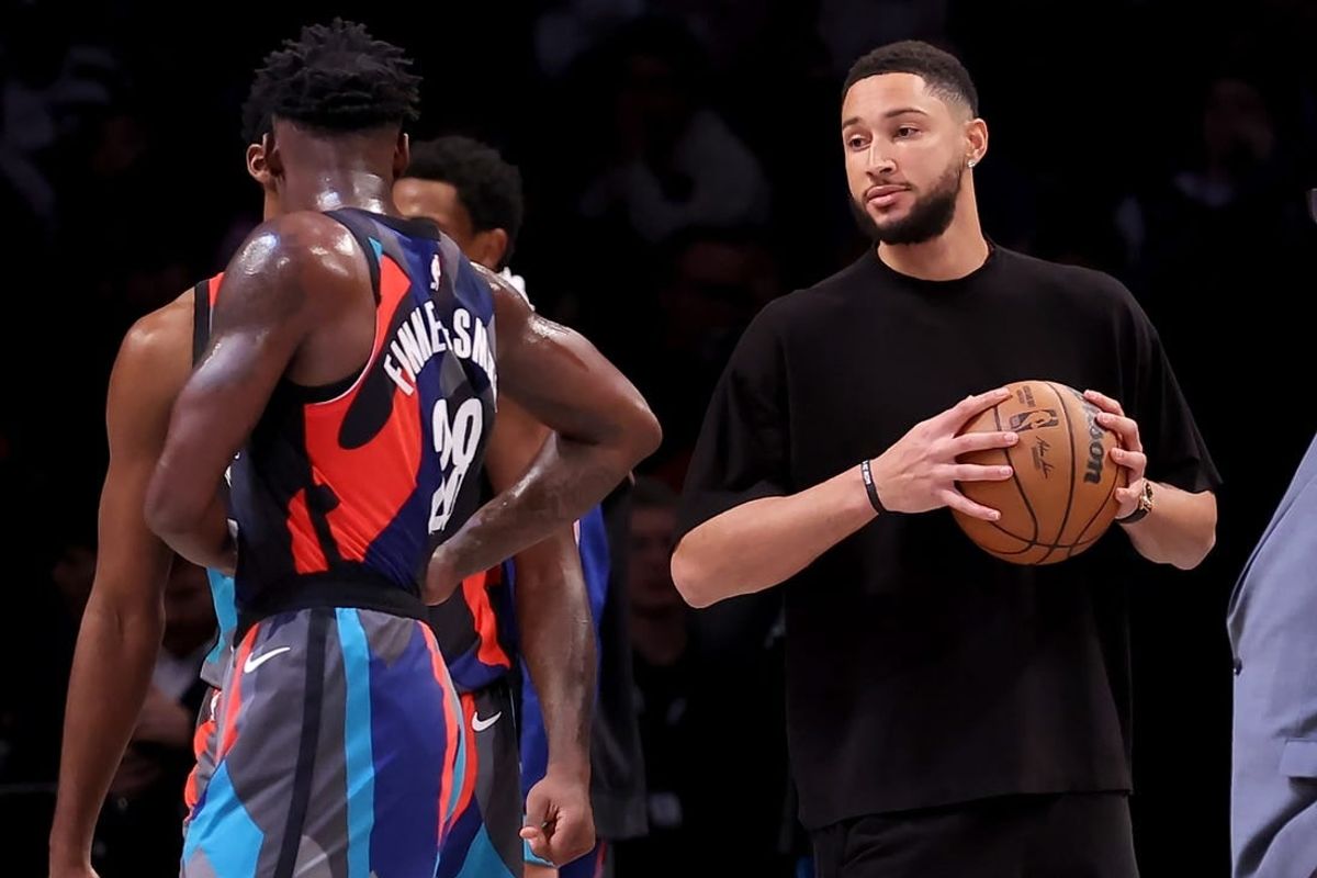 Nov 30, 2023; Brooklyn, New York, USA; Brooklyn Nets injured guard Ben Simmons (10) holds a basketball on the court during a time out during the third quarter against the Charlotte Hornets at Barclays Center.