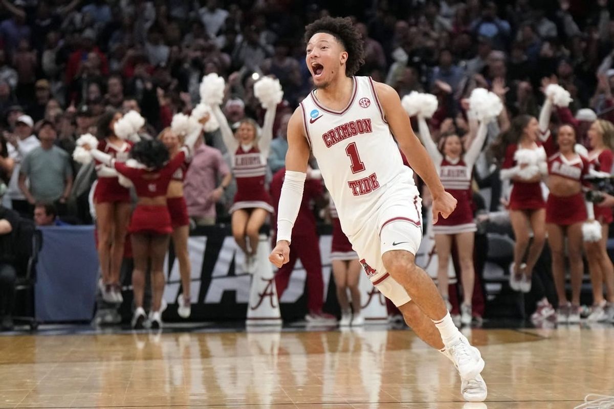 Mar 30, 2024; Los Angeles, CA, USA; Alabama Crimson Tide guard Mark Sears (1) celebrates after defeating the Clemson Tigers in the finals of the West Regional of the 2024 NCAA Tournament at Crypto.com Arena.