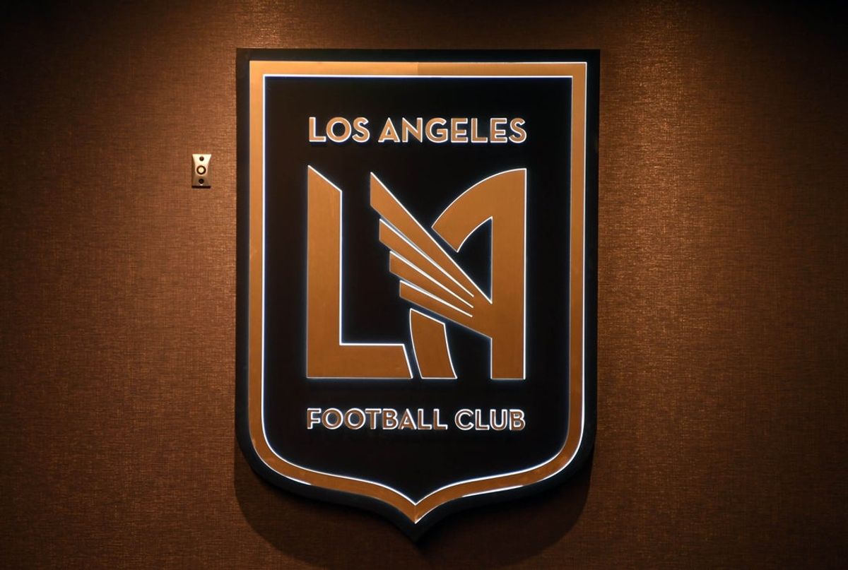 Apr 18, 2018; Los Angeles, CA, USA; General overall view of the Los Angeles Football Club logo at Banc of California Stadium. The 22,000 seat stadium will be the home of the LAFC and a 2028 Olympics venue. It was built in Exposition Park on the site of the former Los Angeles Memorial Sports Arena and adjacent to the Los Angeles Memorial Coliseum. Mandatory Credit: Kirby Lee-Imagn Images
