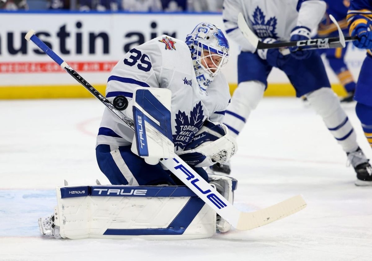 Dec 21, 2023; Buffalo, New York, USA;  Toronto Maple Leafs goaltender Ilya Samsonov (35) makes a save during the second period against the Buffalo Sabres at KeyBank Center.