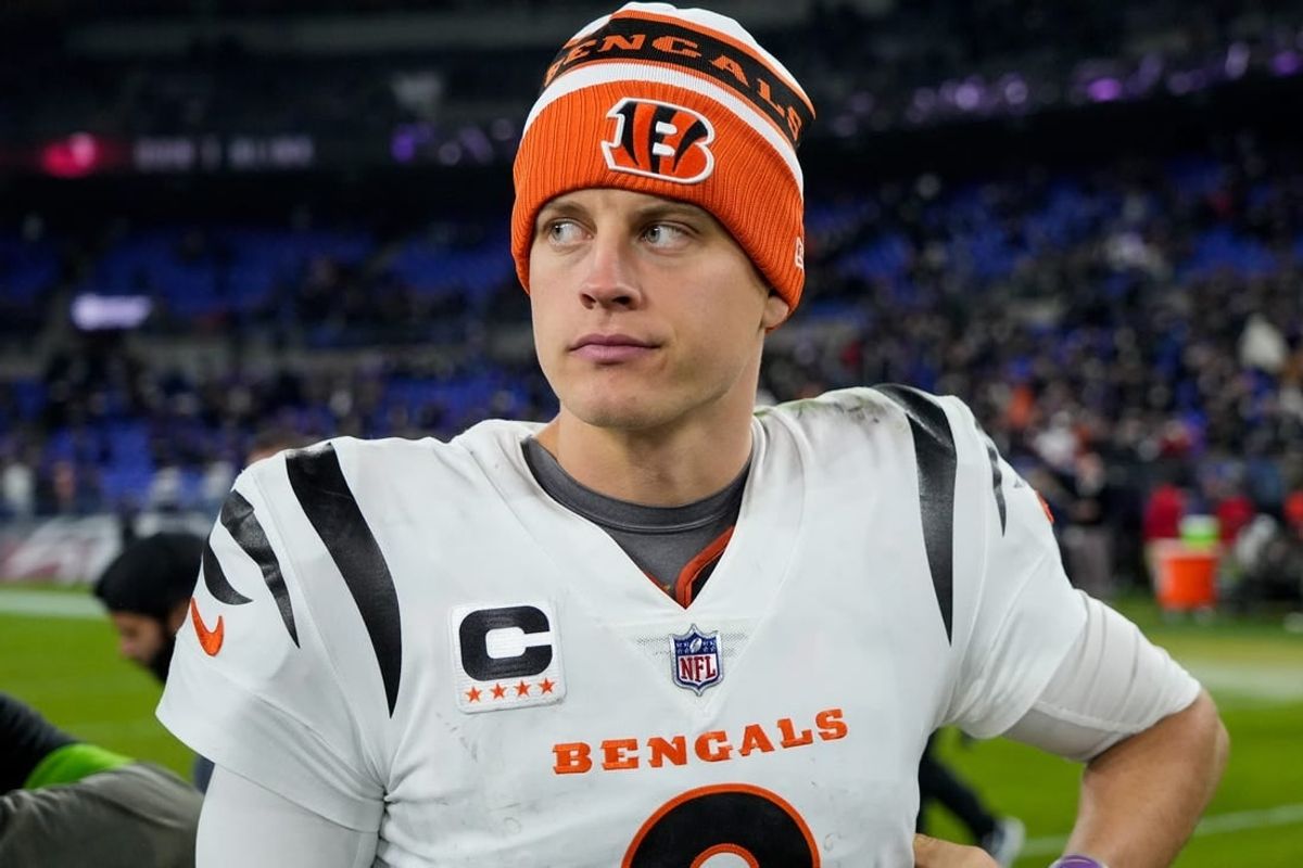Nov 16, 2023; Baltimore, Maryland, USA; Injured Cincinnati Bengals quarterback Joe Burrow (9) paces the sideline in the fourth quarter against the Baltimore Ravens at M&T Bank Stadium.