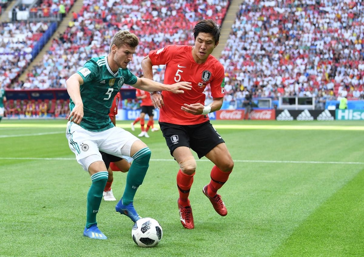 Jun 27, 2018; Kazan, Russia; Germany forward Timo Werner (9) controls the ball against Korea player Yun Young-Sun (5) in Group F play during the FIFA World Cup 2018 at Kazan Stadium. Mandatory Credit: Tim Groothuis/Witters Sport via Imagn Images