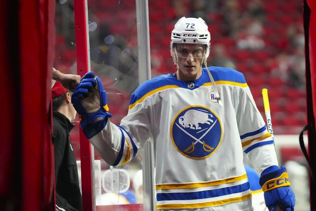 Nov 7, 2023; Raleigh, North Carolina, USA; Buffalo Sabres right wing Tage Thompson (72) comes off the ice after the warmups before the game against the Carolina Hurricanes at PNC Arena.