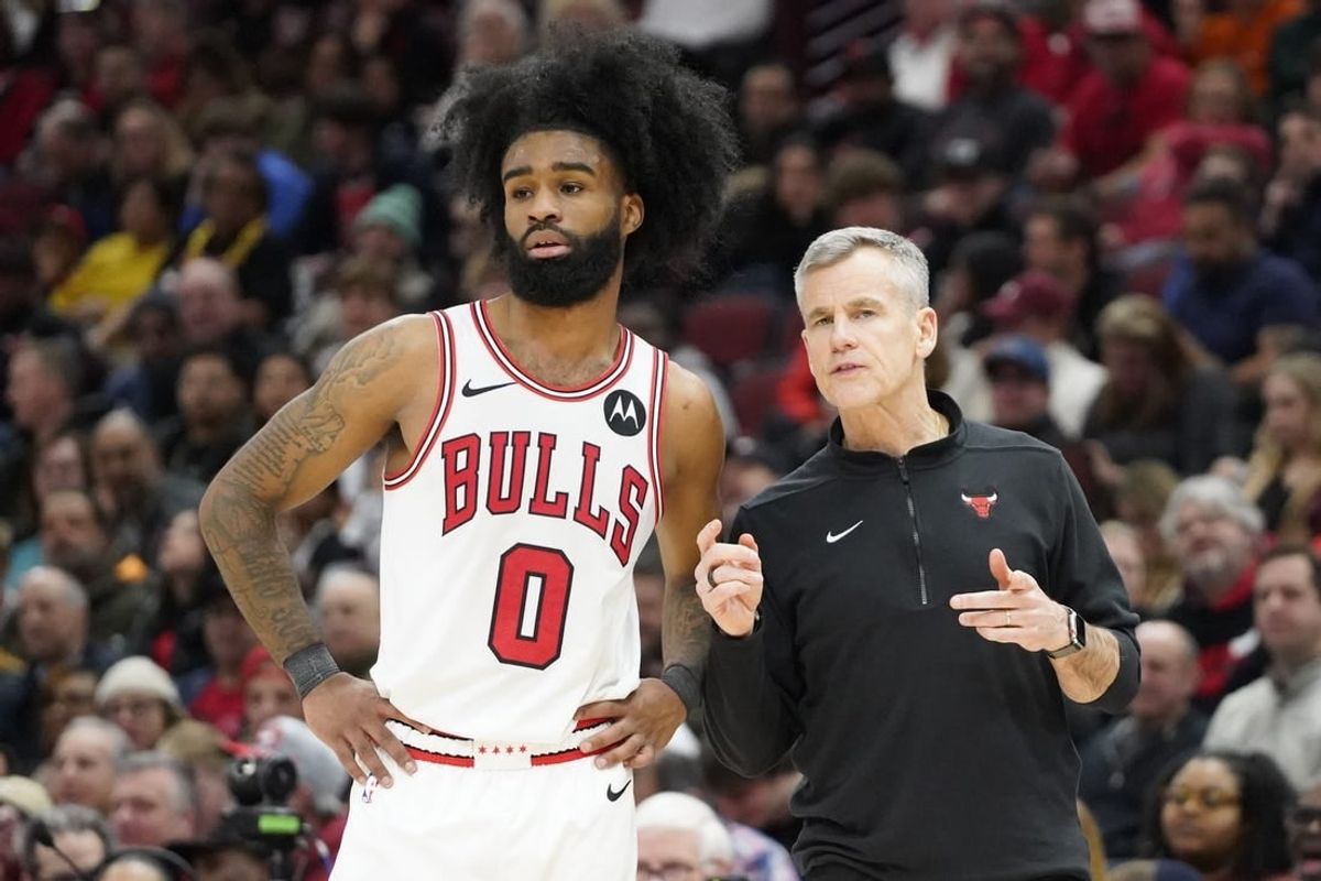 Jan 10, 2024; Chicago, Illinois, USA; Chicago Bulls guard Coby White (0) talks with head coach Billy Donovan during the second half at United Center.
