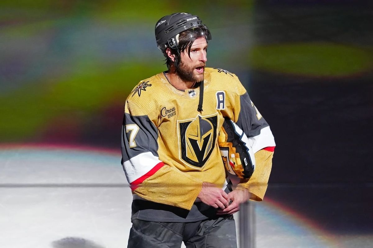 Jan 11, 2024; Las Vegas, Nevada, USA; Vegas Golden Knights defenseman Alex Pietrangelo (7) is named First Star of the Game after scoring the game winning goal against the Boston Bruins in overtime at T-Mobile Arena.