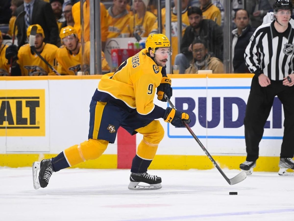 Jan 24, 2023; Nashville, Tennessee, USA;  Nashville Predators left wing Filip Forsberg (9) skates against the Winnipeg Jets during the third period at Bridgestone Arena.