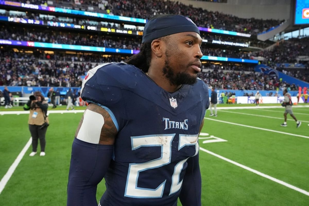 Oct 15, 2023; London, United Kingdom; Tennessee Titans running back Derrick Henry (22) leaves the field after an NFL International Series game against the Baltimore Ravens at Tottenham Hotspur Stadium.