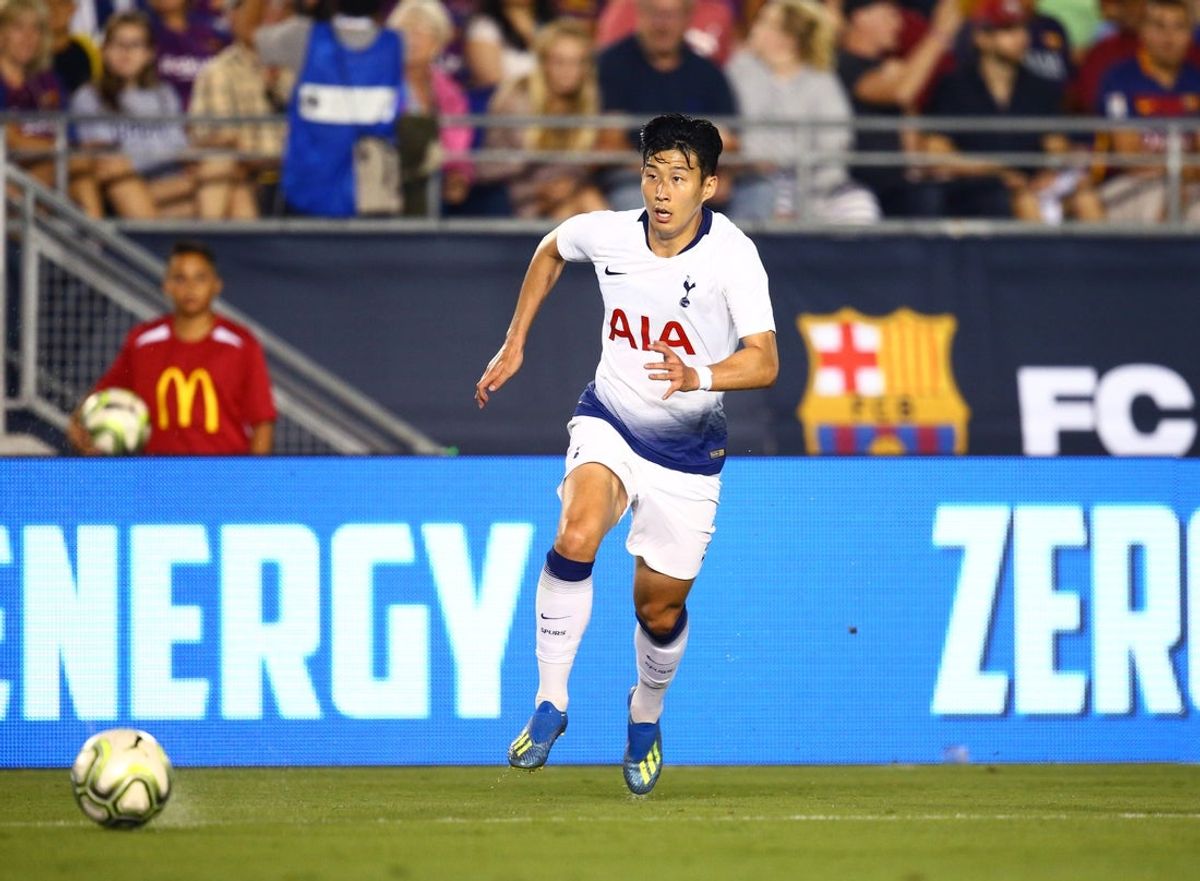 Jul 28, 2018; Pasadena, CA, USA; Tottenham Hotspur forward Son Heung-Min against FC Barcelona during an International Champions Cup soccer match at Rose Bowl. Mandatory Credit: Mark J. Rebilas-Imagn Images