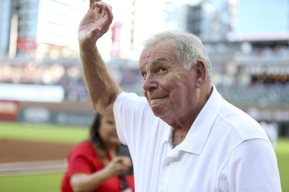 Aug 11, 2018; Atlanta, GA, USA; Former Atlanta Braves manager Bobby Cox (6) is introduced before a game against the Milwaukee Brewers at SunTrust Park. Mandatory Credit: Brett Davis-Imagn Images
