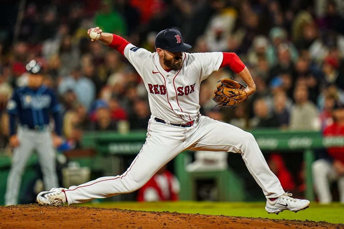 Sep 26, 2023; Boston, Massachusetts, USA; Boston Red Sox relief pitcher John Schreiber (46) throws a pitch against they Tampa Bay Rays in the seventh inning at Fenway Park.