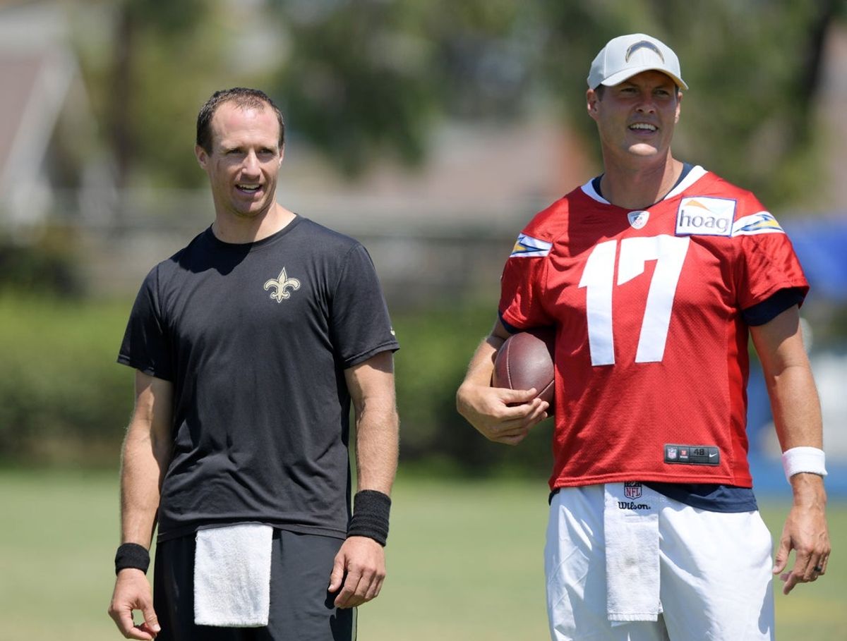 Saints quarterback Drew Brees his former teammate and successor with the Chargers, quarterback Philip Rivers (17) are among 2026 Hall of Fame nominees. Mandatory Credit: Kirby Lee-Imagn Images