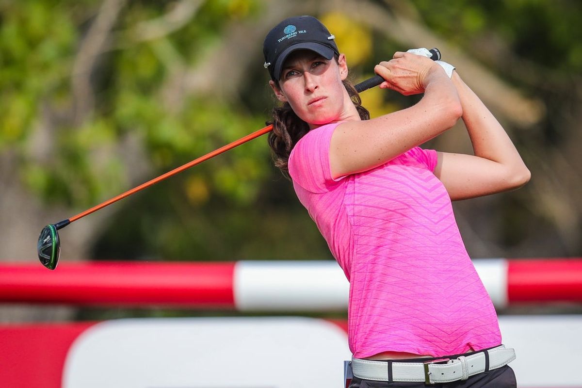Aug 23, 2018; Regina, Saskatchewan, CAN; Laetitia Beck plays her shot from the 18th tee during the first round of the Canadian Pacific Women's Open golf tournament at Wascana Country Club. Mandatory Credit: Sergei Belski-Imagn Images