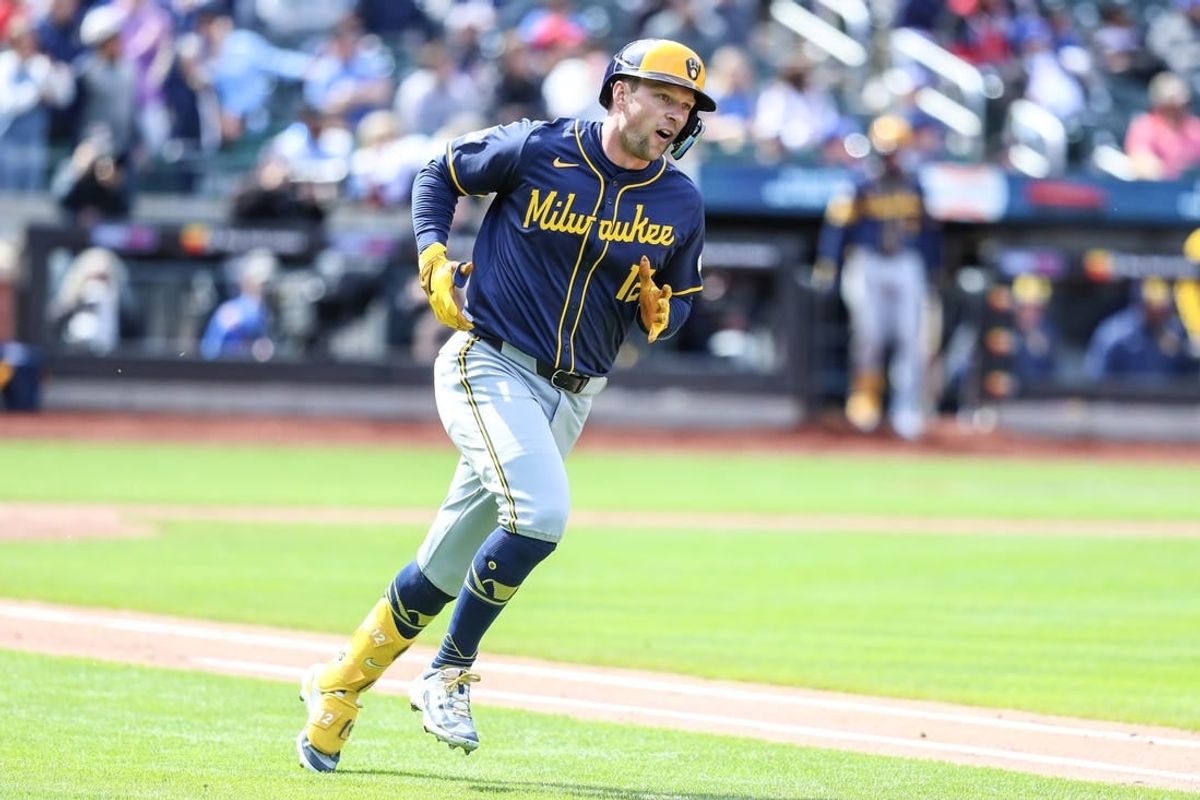 Mar 30, 2024; New York City, New York, USA;  Milwaukee Brewers designated hitter Rhys Hoskins (12) reacts after hitting a two run home run in the third inning New York Mets at Citi Field.