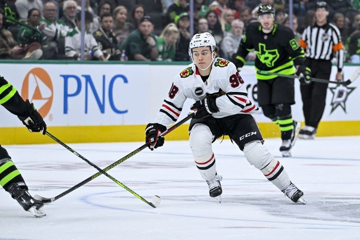 Dec 31, 2023; Dallas, Texas, USA; Chicago Blackhawks center Connor Bedard (98) in action during the game between the Dallas Stars and the Chicago Blackhawks at the American Airlines Center.