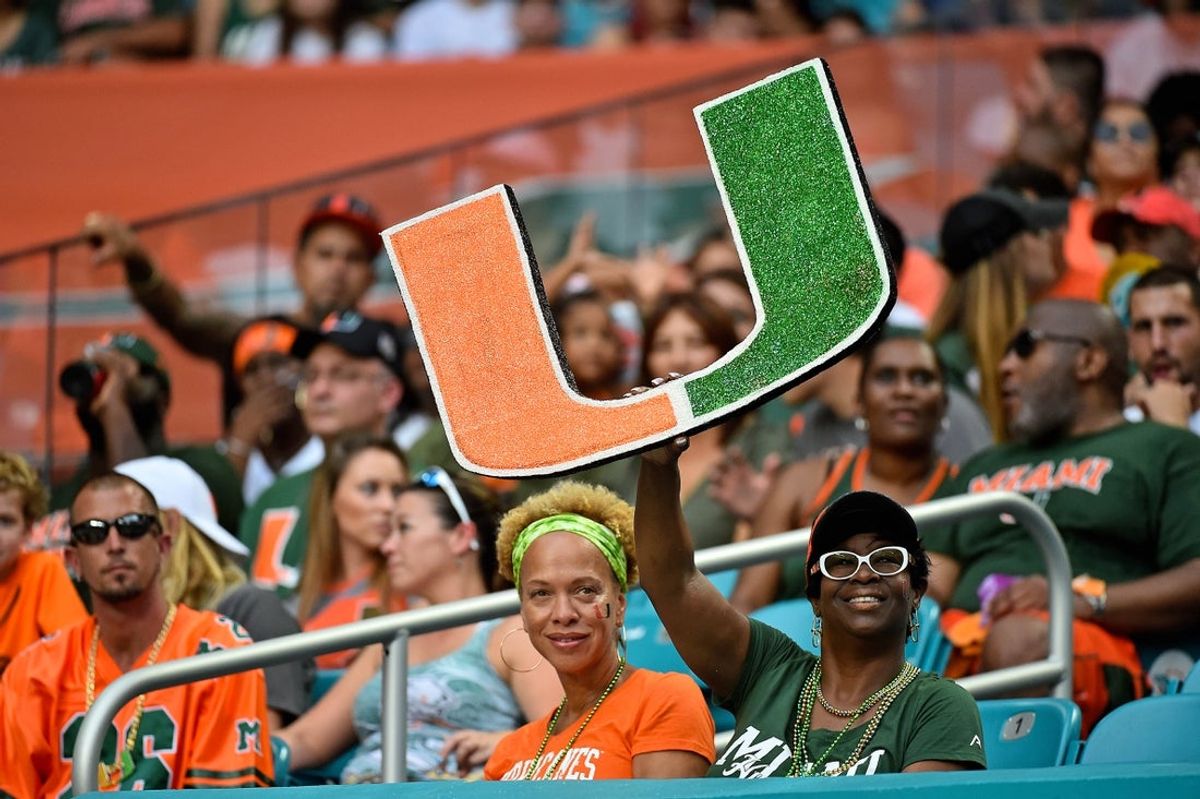Sep 8, 2018; Miami Gardens, FL, USA; A Miami Hurricanes fan holds a school logo sign during the first half against the Savannah State Tigers at Hard Rock Stadium. Mandatory Credit: Jasen Vinlove-Imagn Images