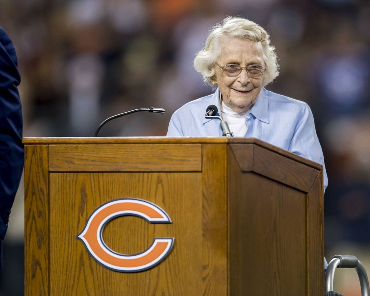 Sep 17, 2018; Chicago, IL, USA; Chicago Bears owner Virginia Halas McCaskey speaks during a ceremony at half time of a game between the Bears and the Seattle Seahawks at Soldier Field. Mandatory Credit: Patrick Gorski-Imagn Images