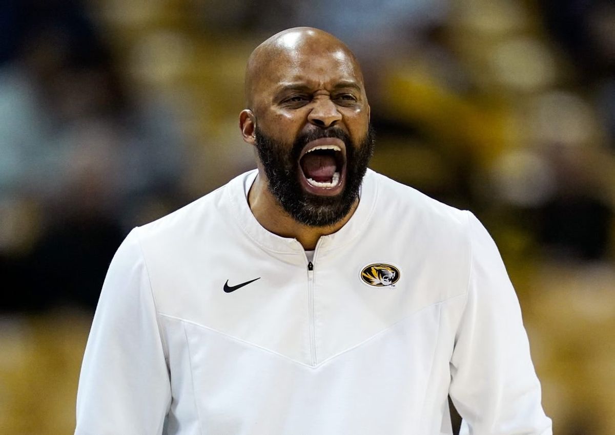 Feb 20, 2022; Columbia, Missouri, USA; Missouri Tigers head coach Cuonzo Martin reacts during the second half against the Mississippi State Bulldogs at Mizzou Arena.