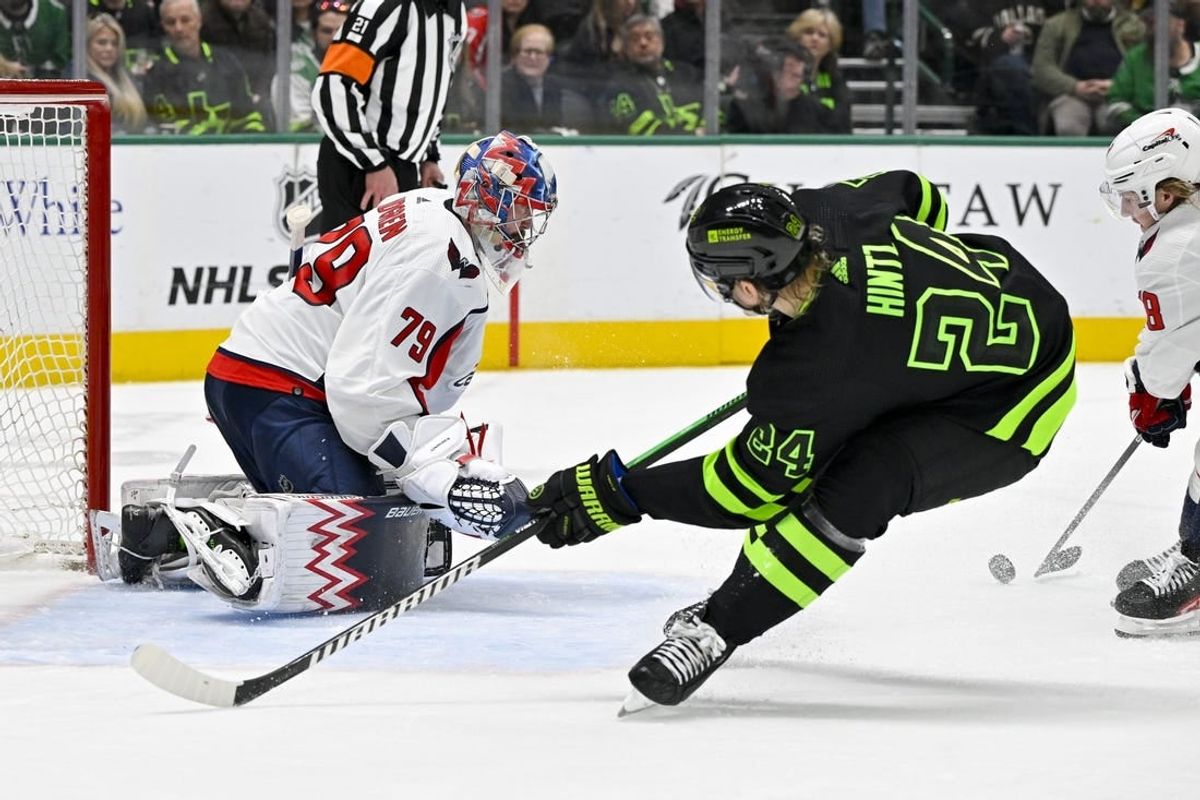 Jan 27, 2024; Dallas, Texas, USA; Washington Capitals goaltender Charlie Lindgren (79) and Dallas Stars center Roope Hintz (24) in action during the game between the Dallas Stars and the Washington Capitals at the American Airlines Center.