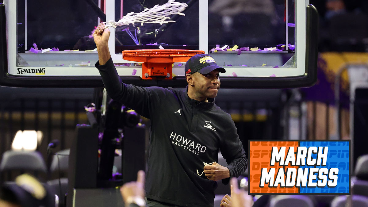 Howard Bison head coach Kenny Blakeney celebrates with the net after defeating the Norfolk State Spartans to win the 2023 MEAC Men’s Basketball Tournament Championship.