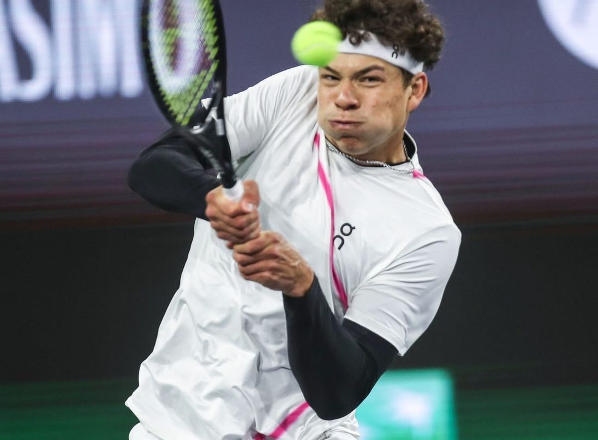 Ben Shelton hits a shot in his loss to Jannik Sinner during the BNP Paribas Open in Indian Wells, Calif., March 12, 2024.