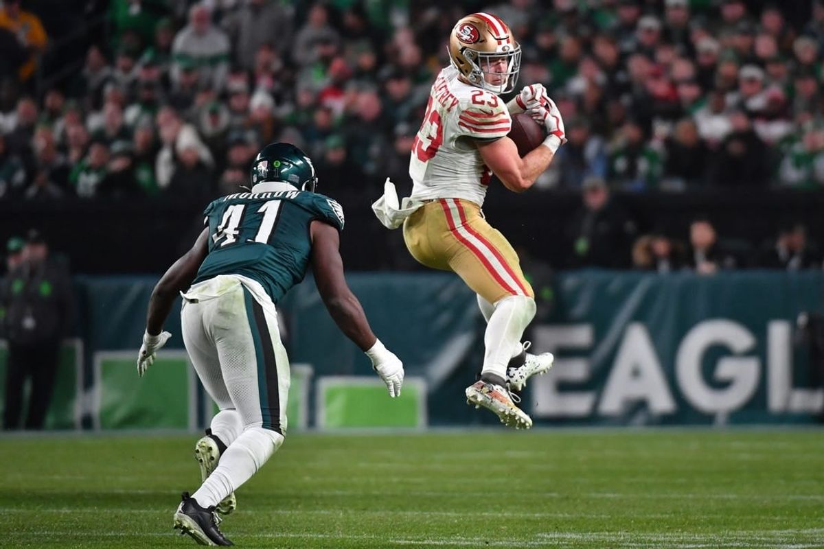 Dec 3, 2023; Philadelphia, Pennsylvania, USA; San Francisco 49ers running back Christian McCaffrey (23) makes a catch against the Philadelphia Eagles during the third quarter at Lincoln Financial Field.