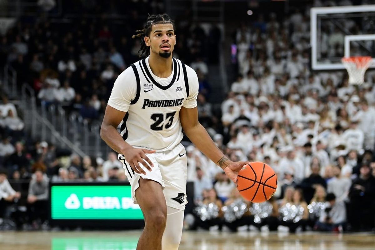 Nov 14, 2023; Providence, Rhode Island, USA; Providence Friars forward Bryce Hopkins (23) passes the ball during the first half Wisconsin Badgers at Amica Mutual Pavilion.