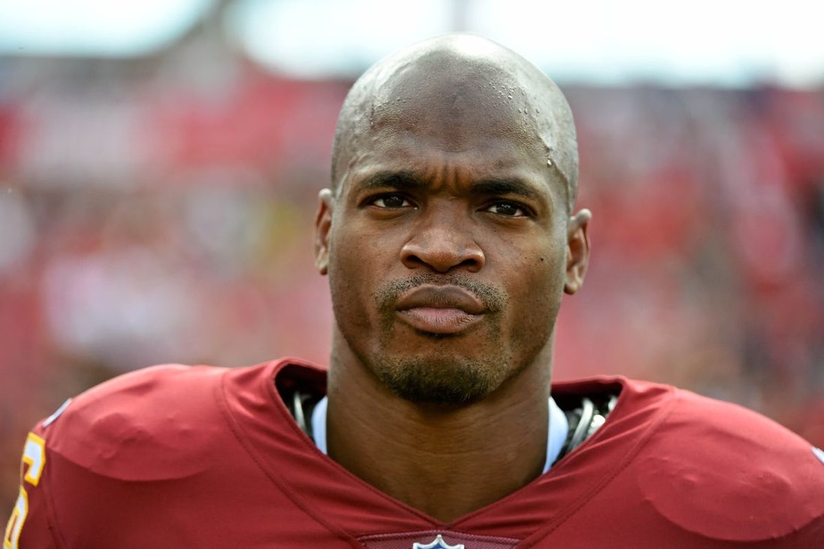 Nov 11, 2018; Tampa, FL, USA; Washington Redskins running back Adrian Peterson (26) walks on the sidelines during the first half against the Tampa Bay Buccaneers at Raymond James Stadium. Mandatory Credit: Jasen Vinlove-Imagn Images