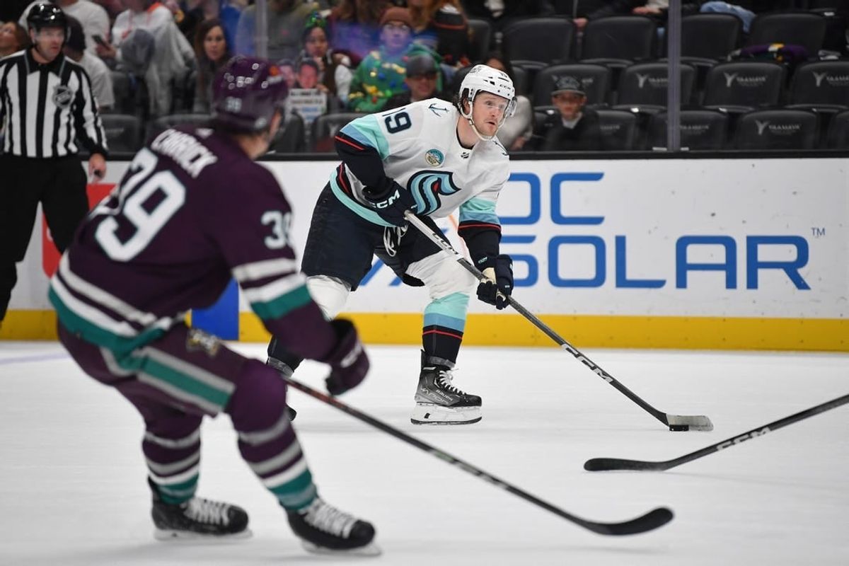 Dec 23, 2023; Anaheim, California, USA; Seattle Kraken left wing Jared McCann (19) moves in for a shot against the Anaheim Ducks during the first period at Honda Center.