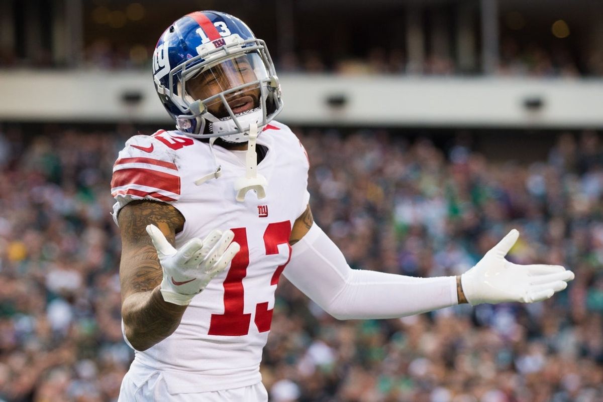 Nov 25, 2018; Philadelphia, PA, USA; New York Giants wide receiver Odell Beckham (13) reacts after missing a catch in the end zone during the fourth quarter against the Philadelphia Eagles at Lincoln Financial Field. Mandatory Credit: Bill Streicher-Imagn Images