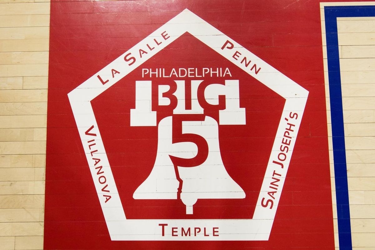 Dec 11, 2018; Philadelphia, PA, USA; Philadelphia big 5 graphic on the court at the Palestra before a game between the Pennsylvania Quakers and the Villanova Wildcats. Mandatory Credit: Bill Streicher-Imagn Images