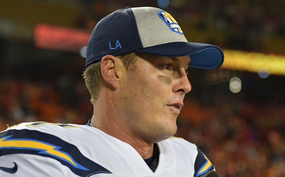 Dec 13, 2018; Kansas City, MO, USA; Los Angeles Chargers quarterback Philip Rivers (17) is interviewed after a win against the Kansas City Chiefs at Arrowhead Stadium. The Chargers won 29-28. Mandatory Credit: Denny Medley-Imagn Images