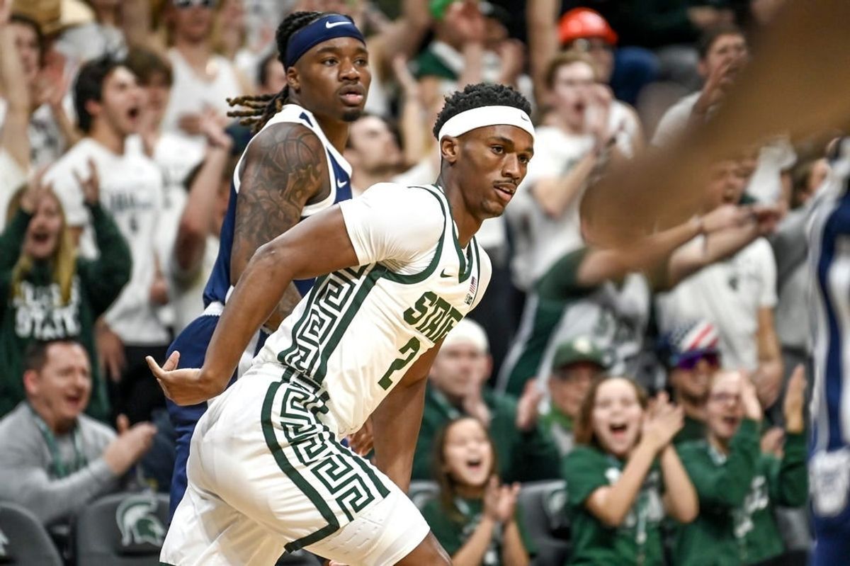 Michigan State's Tyson Walker gets back on defense after making a 3-pointer against Butler during the first half on Friday, Nov. 17, 2023, in East Lansing.