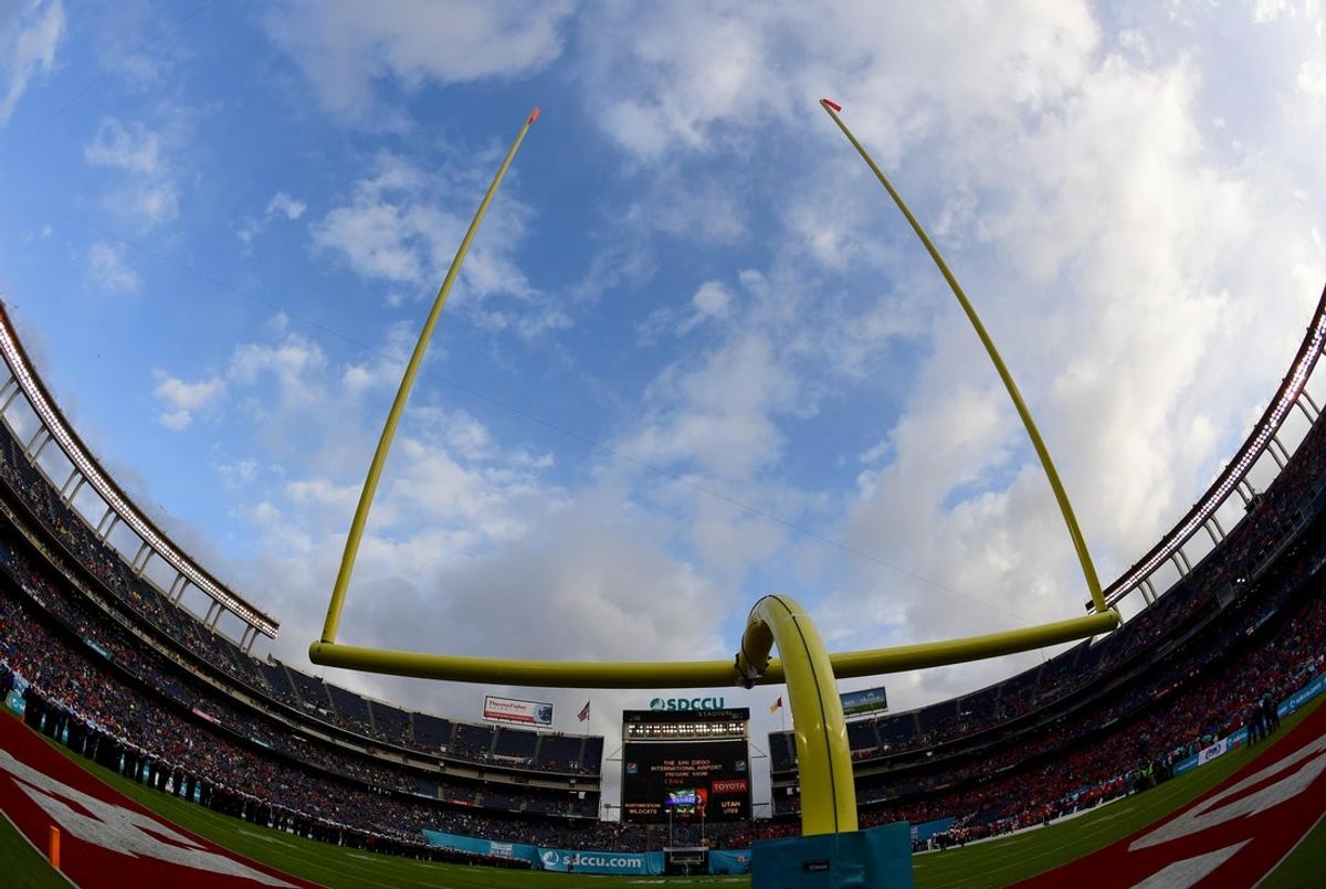 Dec 31, 2018; San Diego, CA, United States; A general view of the 2018 Holiday Bowl goal post prior to a game between Northwestern Wildcats and Utah Utes at SDCCU Stadium. Mandatory Credit: Kirby Lee-Imagn Images
