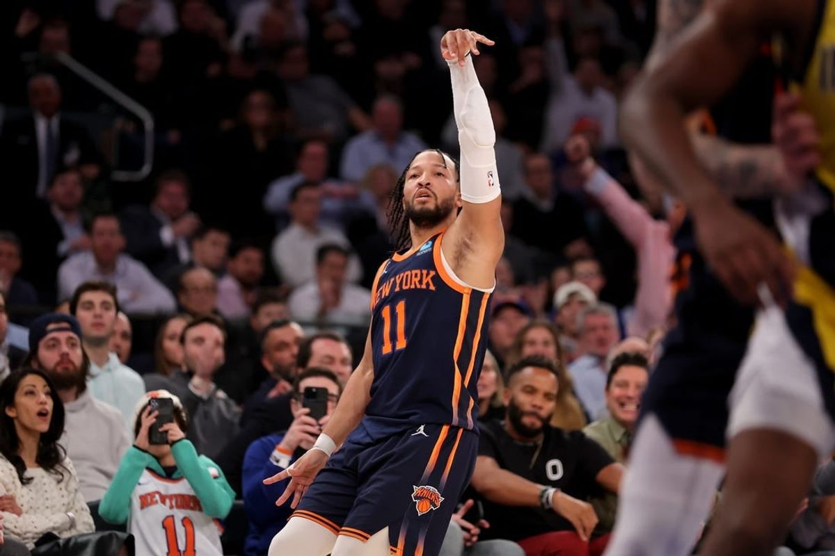 Feb 1, 2024; New York, New York, USA; New York Knicks guard Jalen Brunson (11) watches his three point shot against the Indiana Pacers during the fourth quarter at Madison Square Garden.